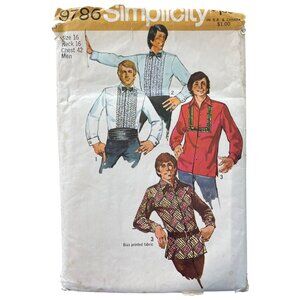 Vintage 70s Simplicity 9786 Mens Shirt Pattern Size 16 Tuxedo Western Retro CUT